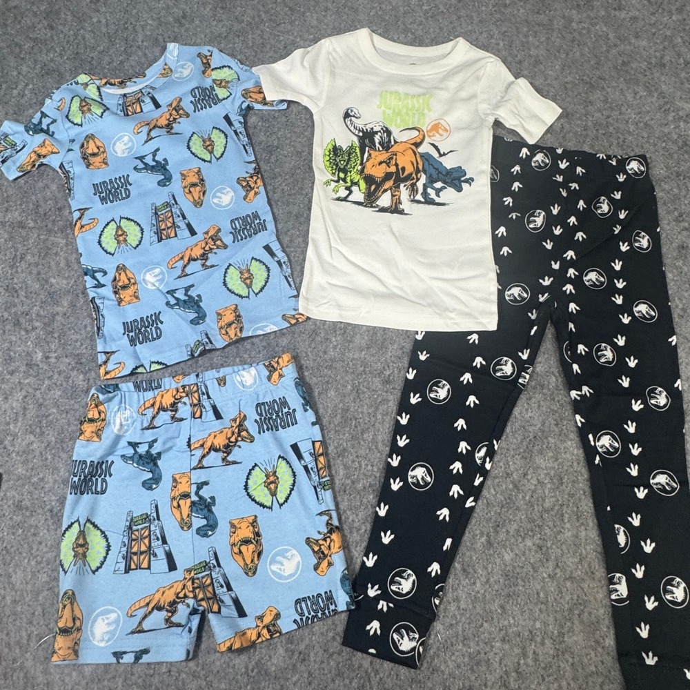 Jurassic World Kids 4-Piece Pajama Set Blue White Black Dinosaur Size 5 Cotton